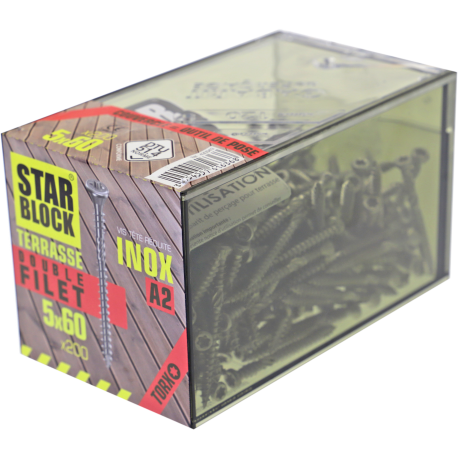 Vis terrasse Inox A2 - 5x60 - double filet - boîte de 200 - STARBLOCK
